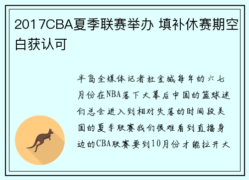 2017CBA夏季联赛举办 填补休赛期空白获认可