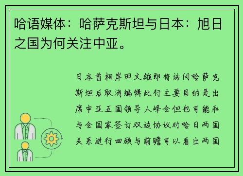 哈语媒体：哈萨克斯坦与日本：旭日之国为何关注中亚。