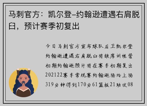 马刺官方：凯尔登-约翰逊遭遇右肩脱臼，预计赛季初复出